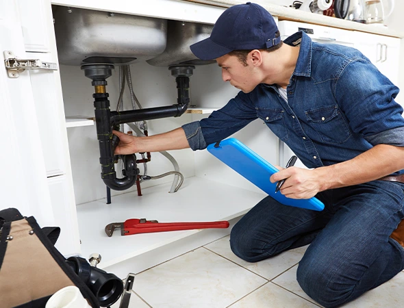 A plumber in a cap and denim outfit inspects pipes under a kitchen sink, holding a blue clipboard. A wrench lies on the tile floor, emphasizing repair work.